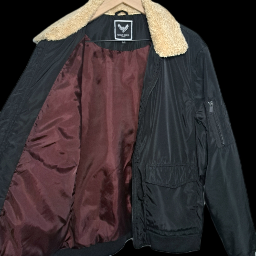 Bomber Style Jacket with Sherpa Collar by Brave Soul, London. - Picture 5 of 15